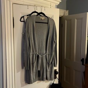 Michael Kors long, gray knit belt tie cardigan